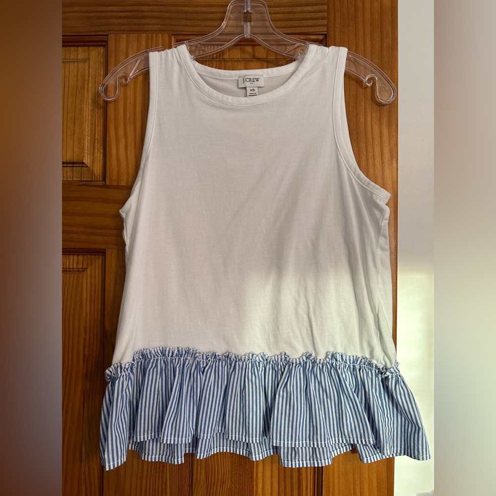 White tank with blue and white ruffle